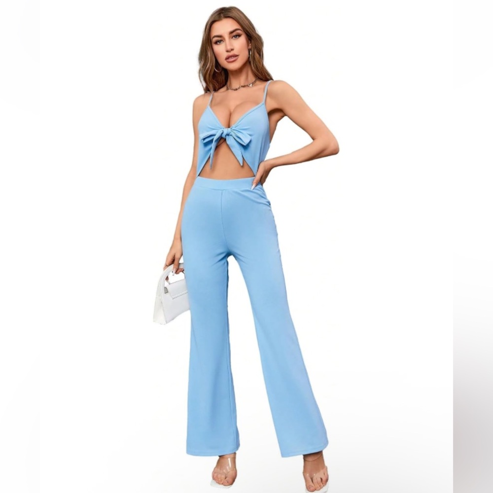 NWT No Label Size S Blue Cut Out Front Knot Pants Romper